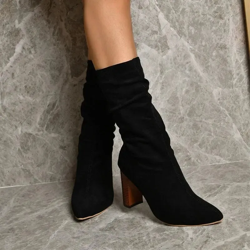 Faux Suede Slouch Heeled Boots