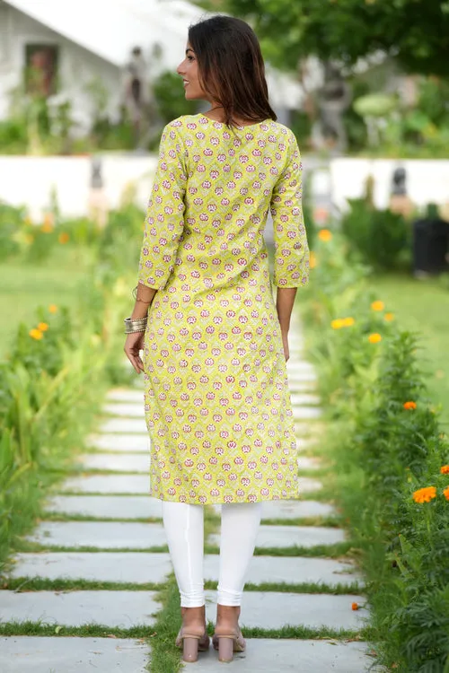 Fiery Green Haven Handblock Printed Cotton Kurti