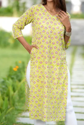 Fiery Green Haven Handblock Printed Cotton Kurti