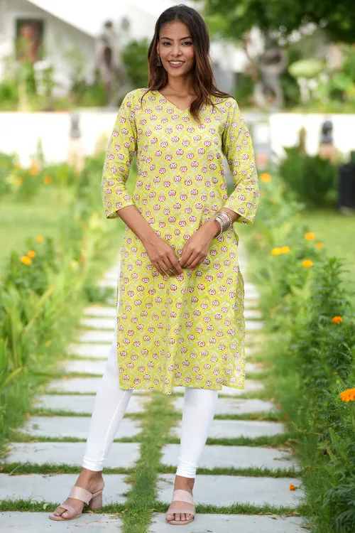 Fiery Green Haven Handblock Printed Cotton Kurti