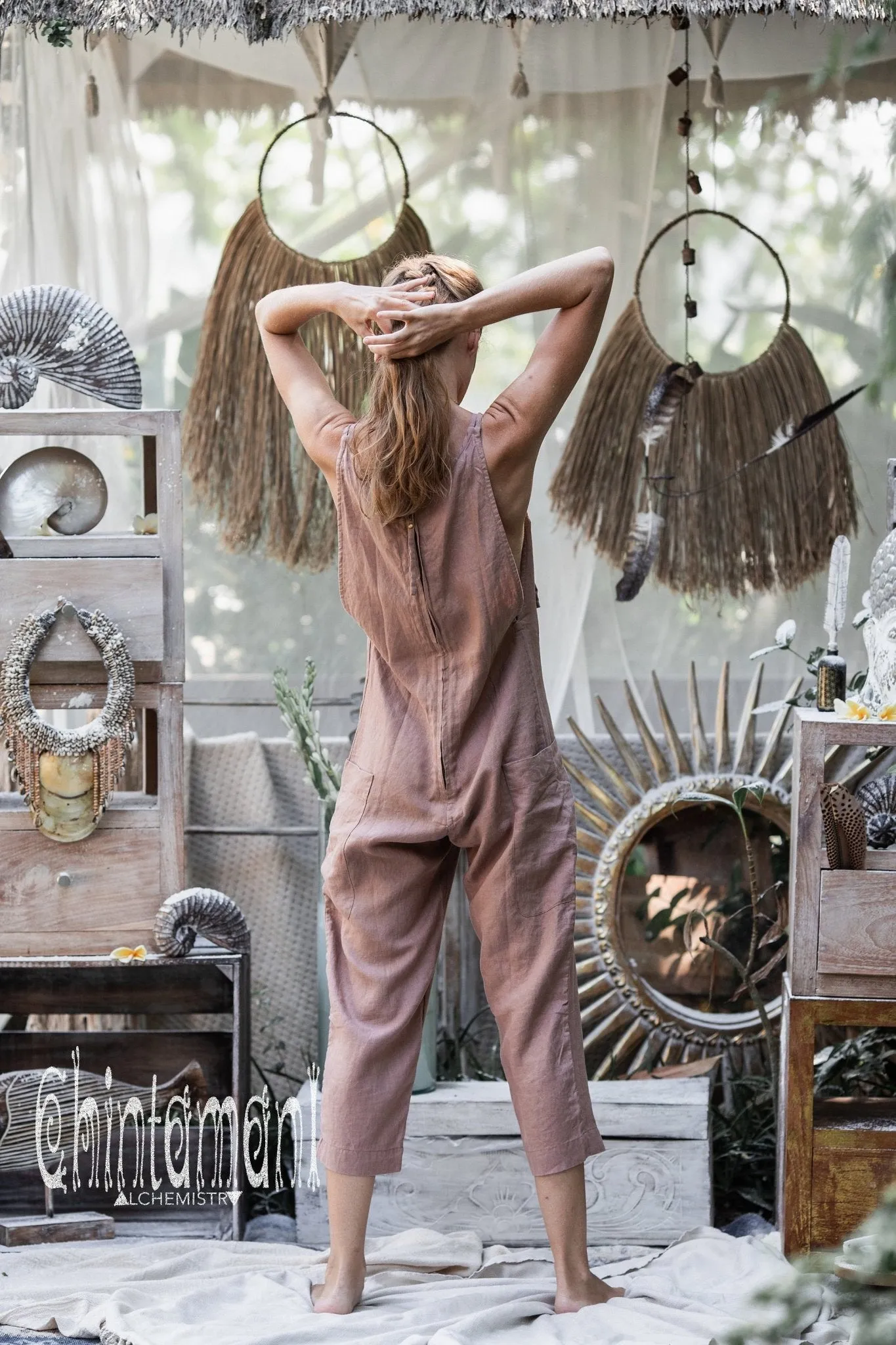 Fitted Linen Jumpsuit 3/4 / Women Midi Overalls with Pockets & Back Zip / Dusty Pink