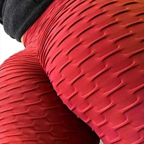 FITTOO Women's High Waist Textured Yoga Pants Tummy Control Scrunched Booty Capri Leggings Workout Running Butt Lift Textured Tights Red