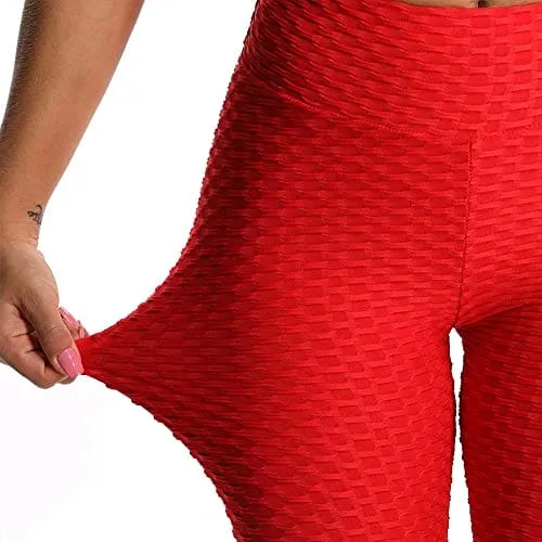 FITTOO Women's High Waist Textured Yoga Pants Tummy Control Scrunched Booty Capri Leggings Workout Running Butt Lift Textured Tights Red