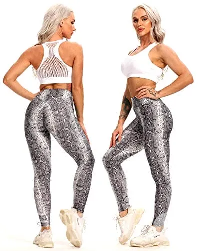 FITTOO Women's High Waist Textured Yoga Pants Tummy Control Scrunched Booty Leggings Workout Running Butt Lift Bubble Textured Tights Snake Printed