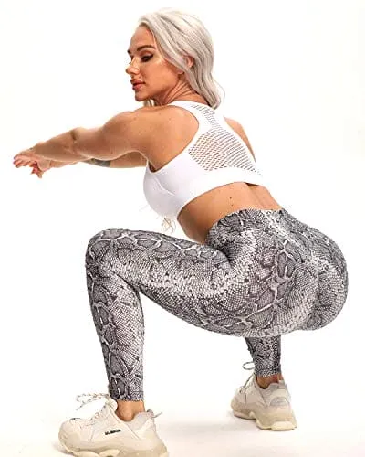 FITTOO Women's High Waist Textured Yoga Pants Tummy Control Scrunched Booty Leggings Workout Running Butt Lift Bubble Textured Tights Snake Printed