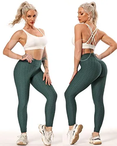 FITTOO Women's High Waist Textured Yoga Pants Tummy Control Scrunched Booty Leggings Workout Running Butt Lift Textured Tights Peach Butt Emerald