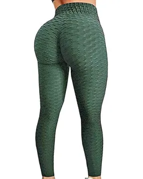 FITTOO Women's High Waist Textured Yoga Pants Tummy Control Scrunched Booty Leggings Workout Running Butt Lift Textured Tights Peach Butt Emerald