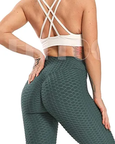 FITTOO Women's High Waist Textured Yoga Pants Tummy Control Scrunched Booty Leggings Workout Running Butt Lift Textured Tights Peach Butt Emerald