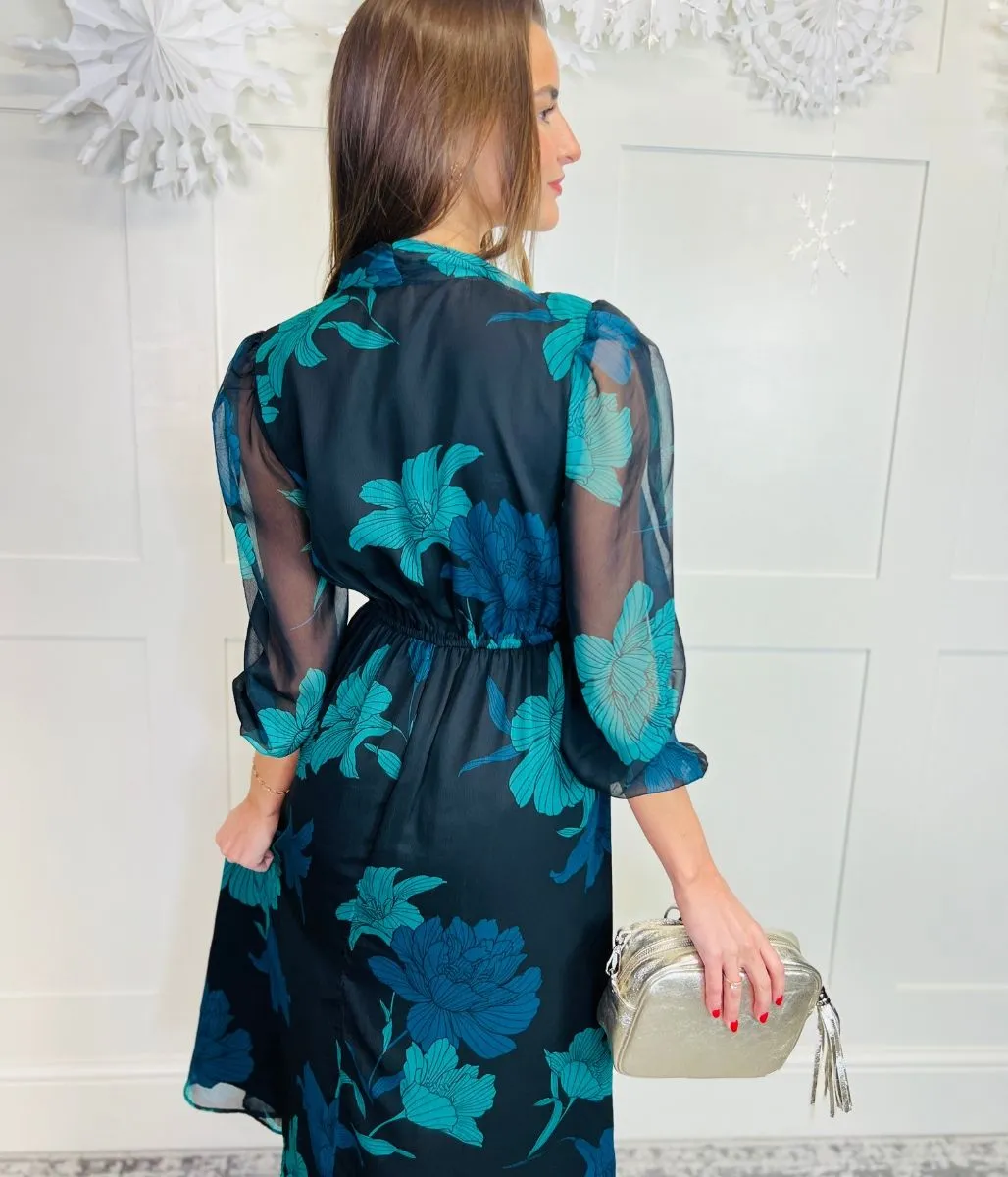 Floral Chiffon Tie Neck Midi Dress