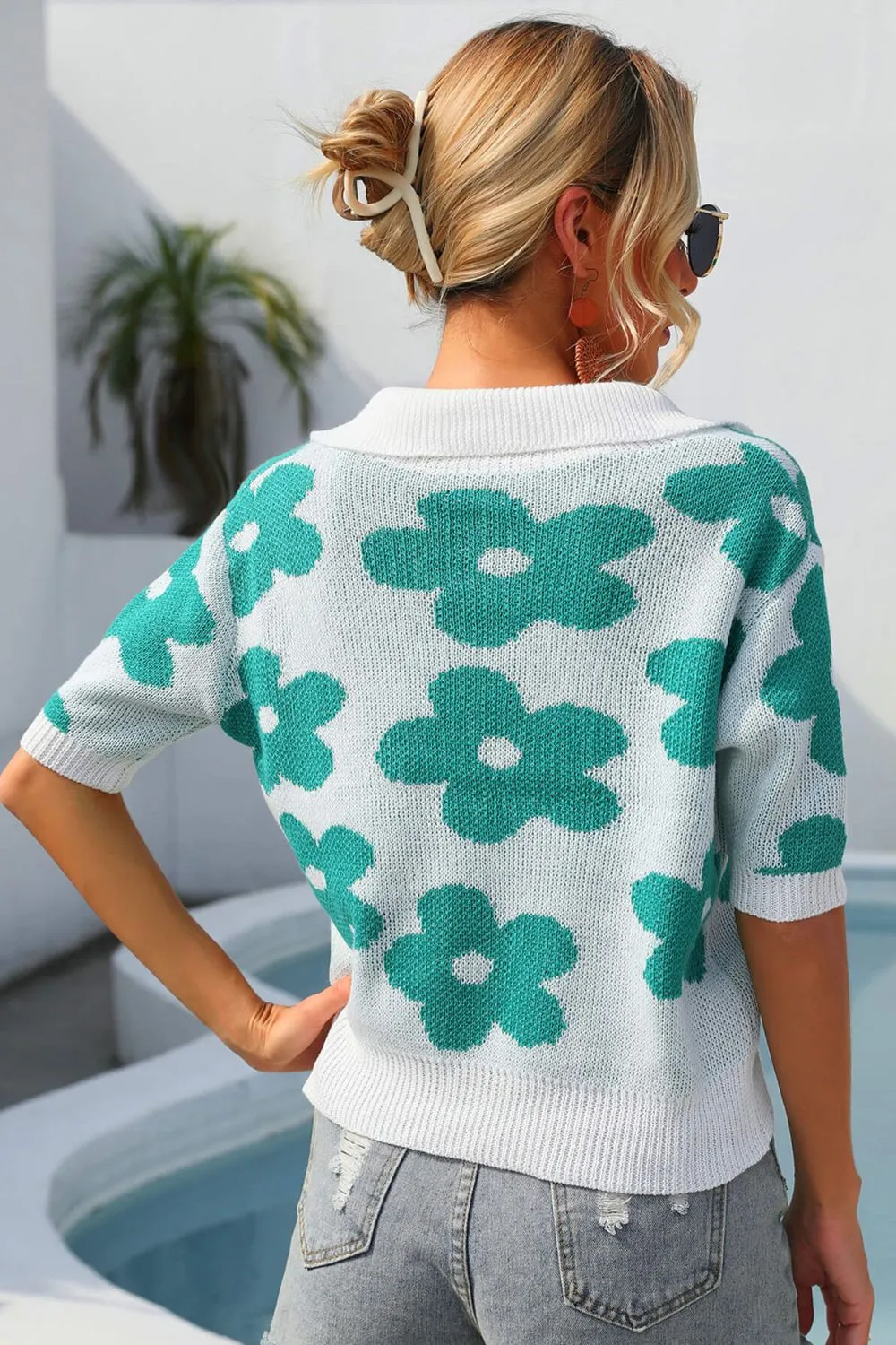 Floral Johnny Collar Half Sleeve Knit Top