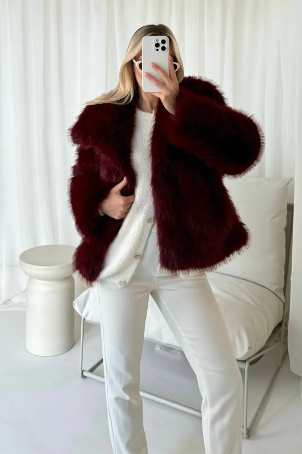 Florence burgundy short faux fur jacket