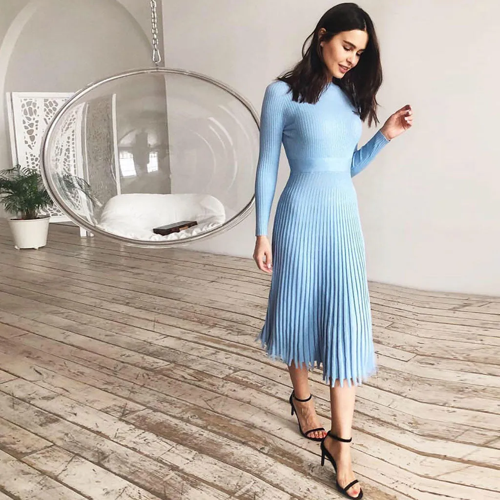 Flytonn- Ribbed Long Sleeve High Neck Knit Pleated Midi Sweater Dress - Blue