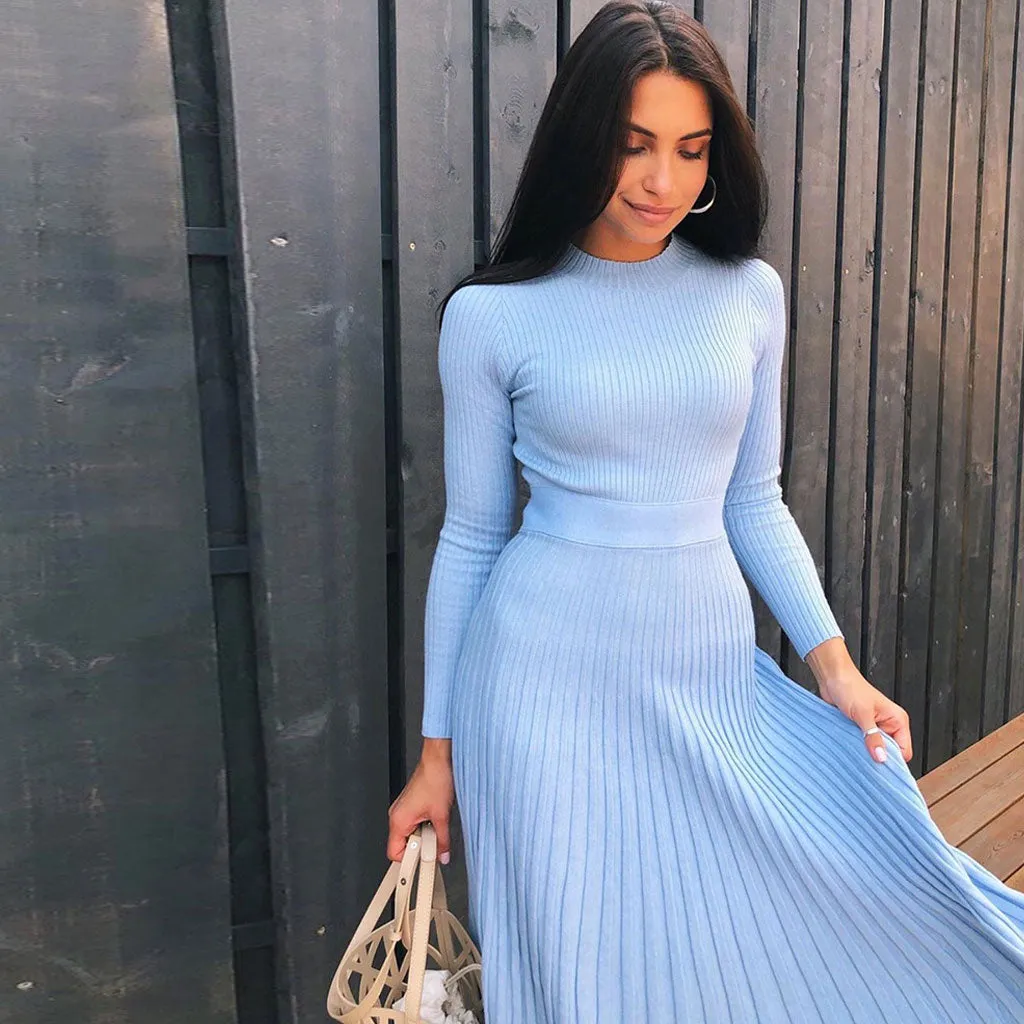 Flytonn- Ribbed Long Sleeve High Neck Knit Pleated Midi Sweater Dress - Blue