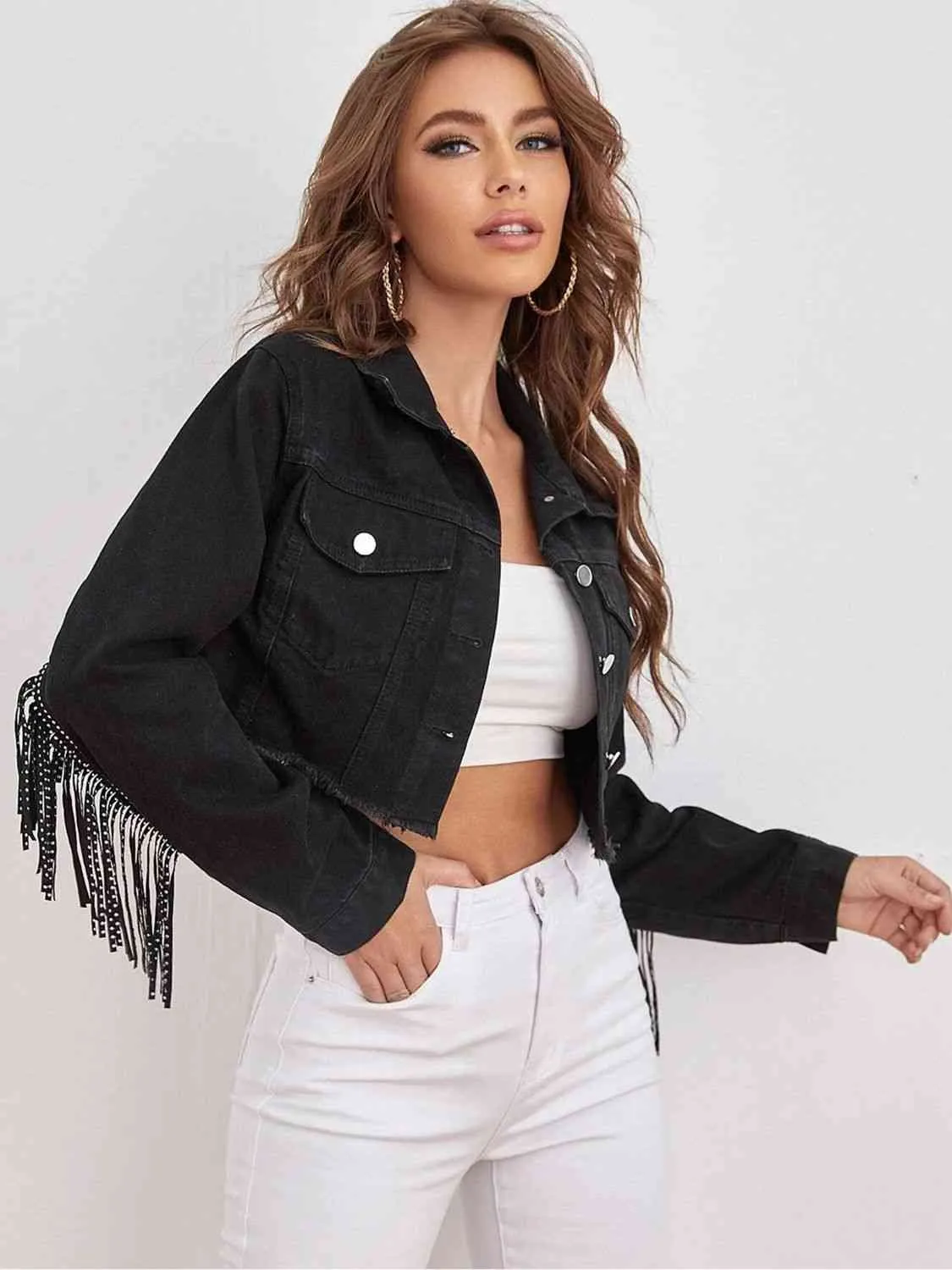 Fringe Detail Collared Neck Cropped Denim Jacket