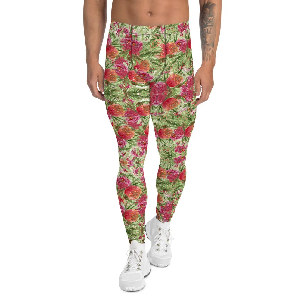 Garden Rose Men's Leggings, Floral Print Meggings Compression Tights-Made in USA/EU