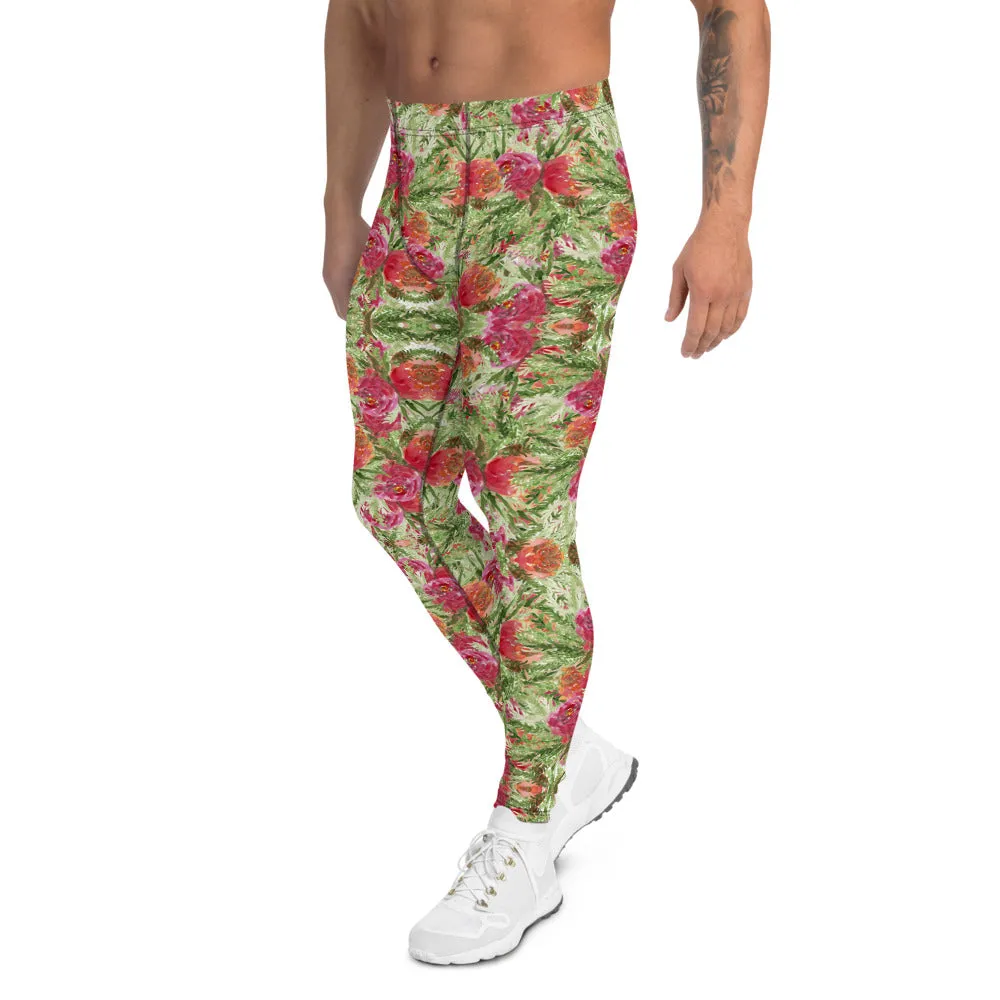 Garden Rose Men's Leggings, Floral Print Meggings Compression Tights-Made in USA/EU