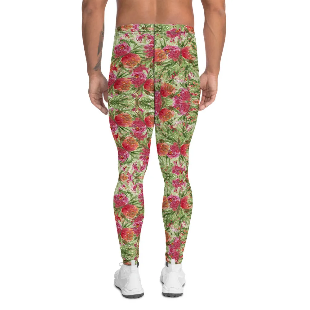 Garden Rose Men's Leggings, Floral Print Meggings Compression Tights-Made in USA/EU