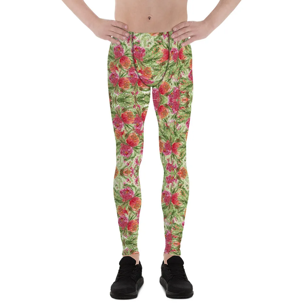 Garden Rose Men's Leggings, Floral Print Meggings Compression Tights-Made in USA/EU