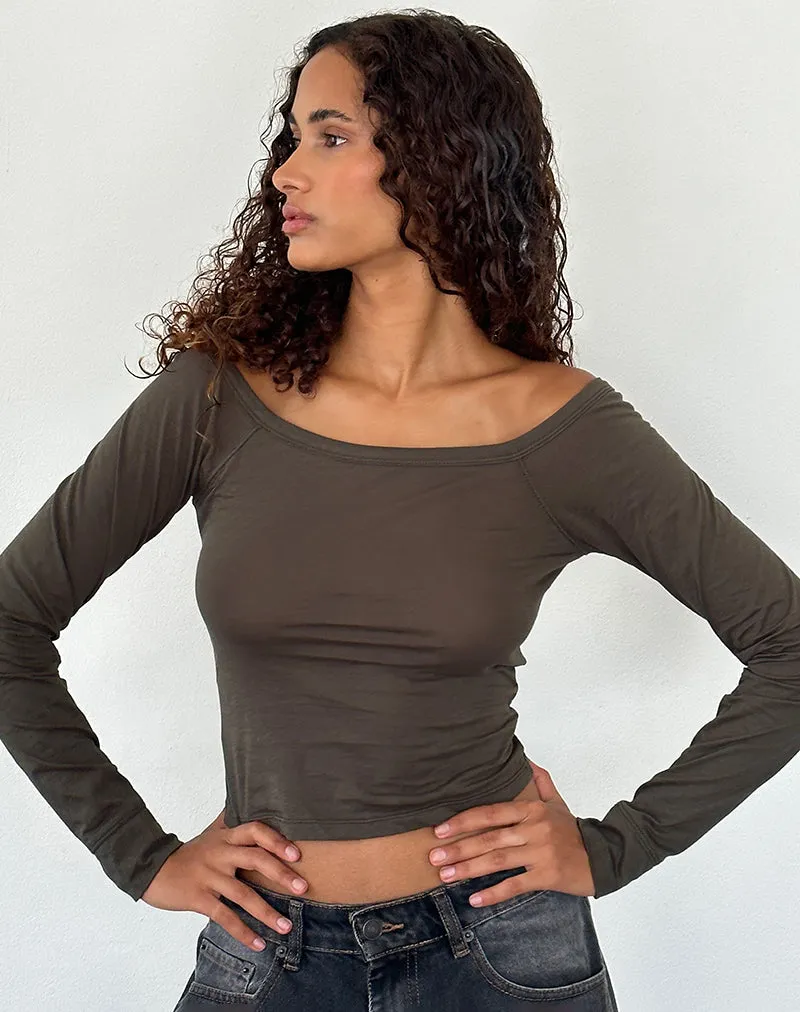 Gavya Long Sleeve Bardot Top in Olive Jersey