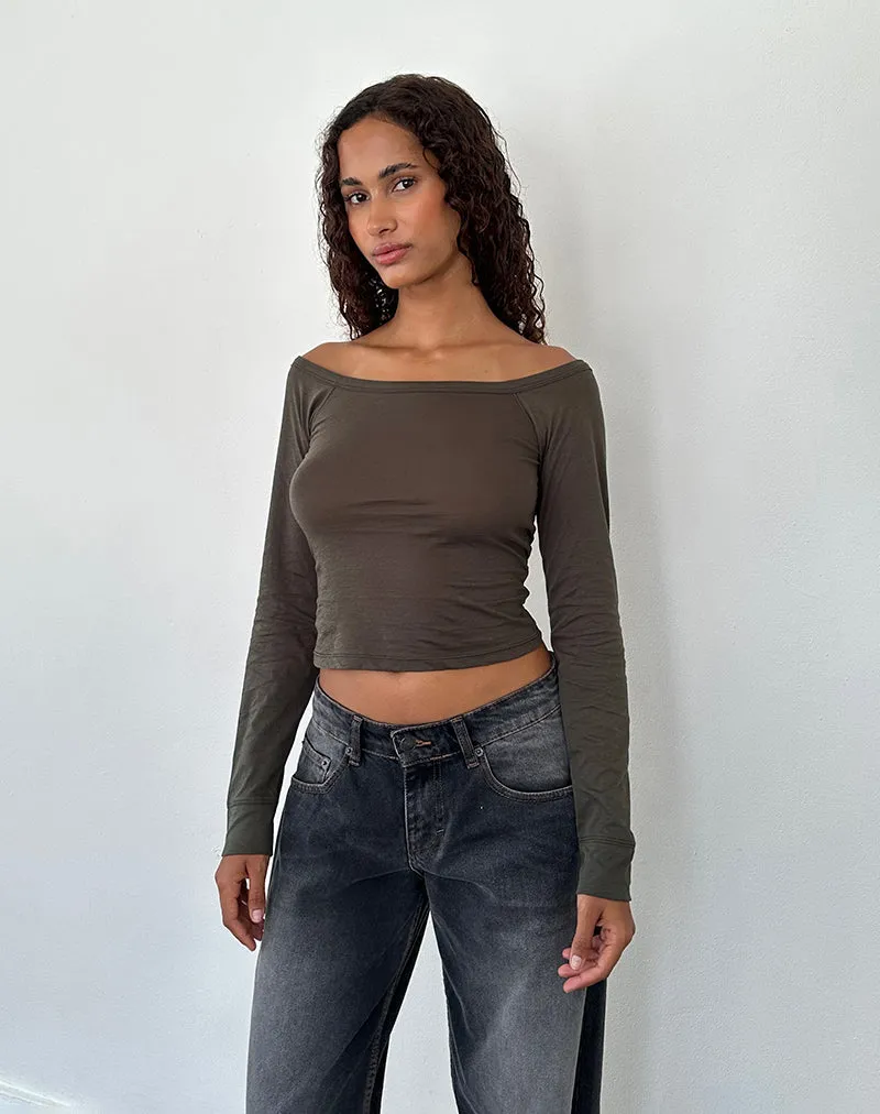 Gavya Long Sleeve Bardot Top in Olive Jersey