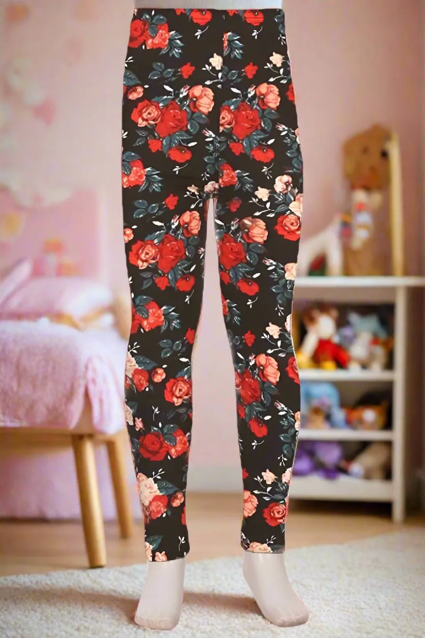 Girls Valentines Day Rose Leggings, Kids Yoga Pants, Sizes S/L, No-Roll Waist, Red/Black