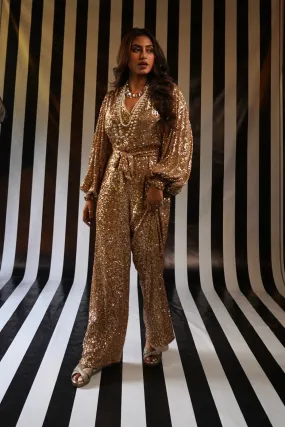 Glamour in Gold: V Neck Bubble Sleeve Jumpsuit