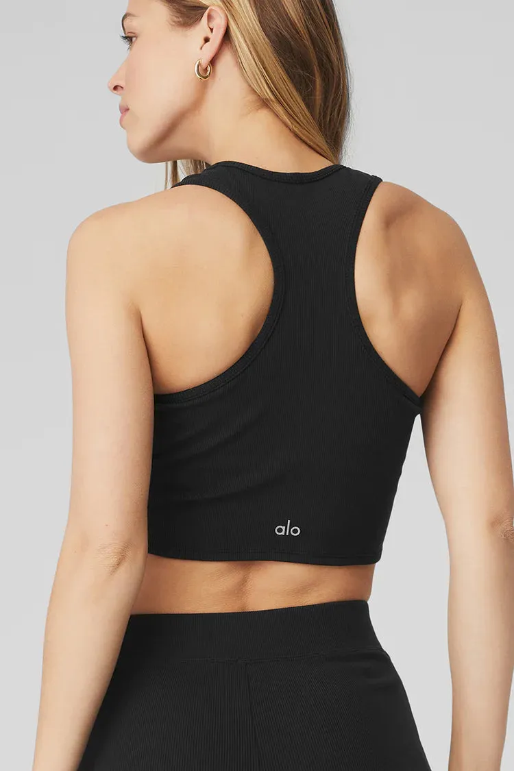 Goddess Rib Cropped Racerback Tank- Black