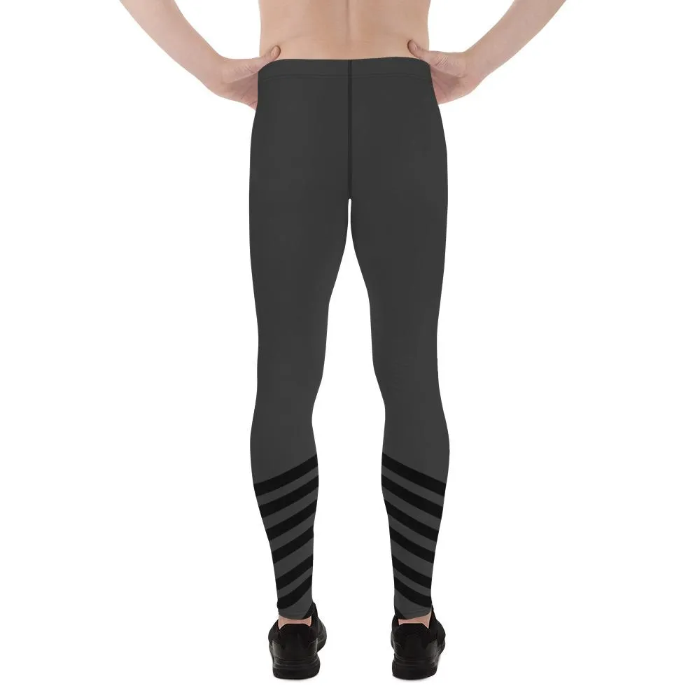 Gray Striped Print Best Meggings, Diagonal Black Stripe Premium Men's Leggings-Made in USA/ EU