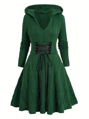 Green 1940s Solid Knitted Hooded Sweater Dress