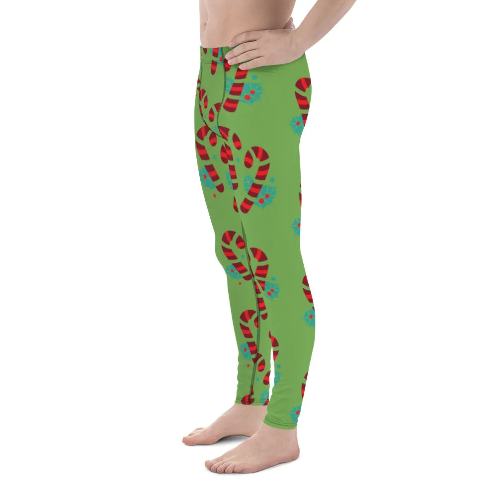 Green Candy Cane Men's Leggings, Black and Red Colorful Christmas Candy Cane Style Gym Tights For Men - Made in USA/EU/MX