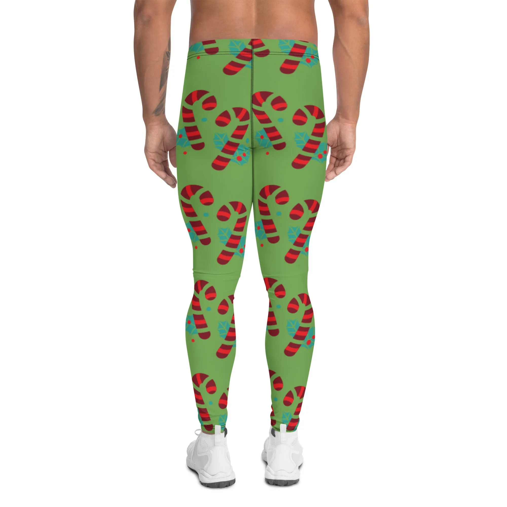 Green Candy Cane Men's Leggings, Black and Red Colorful Christmas Candy Cane Style Gym Tights For Men - Made in USA/EU/MX