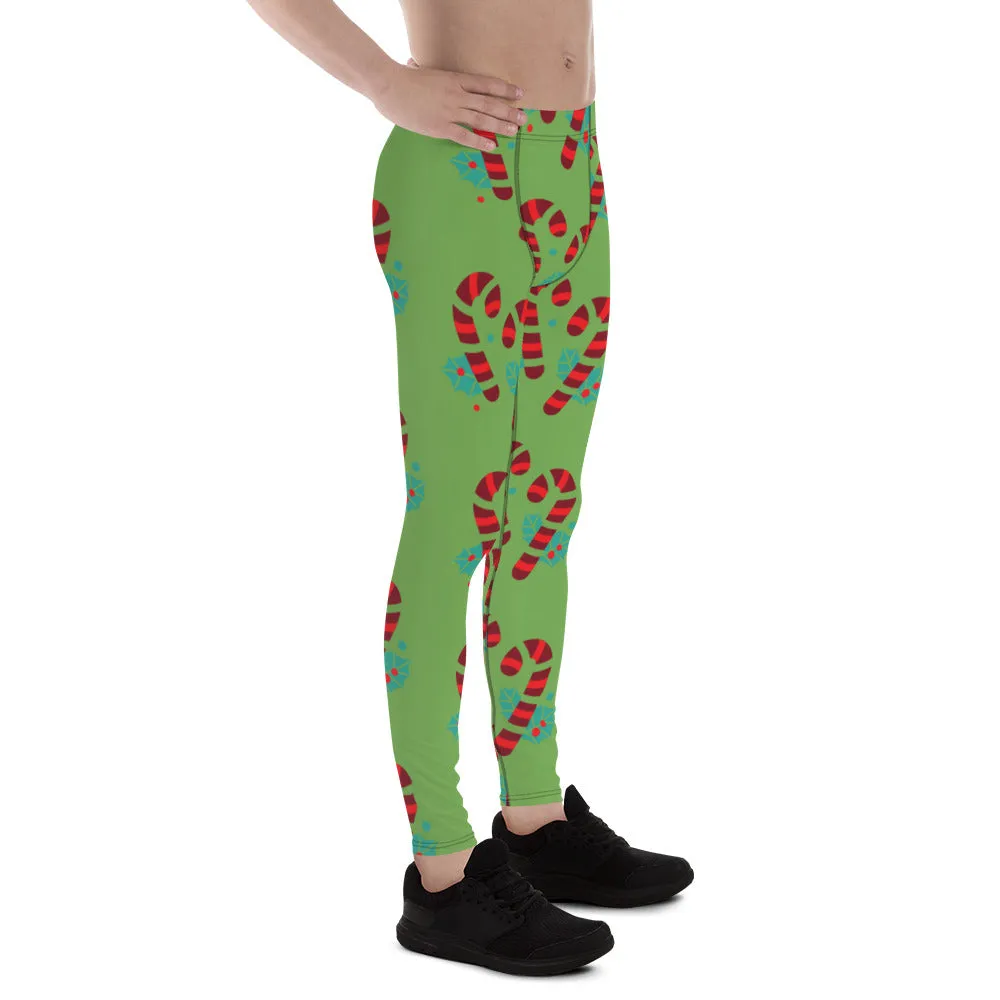 Green Candy Cane Men's Leggings, Black and Red Colorful Christmas Candy Cane Style Gym Tights For Men - Made in USA/EU/MX