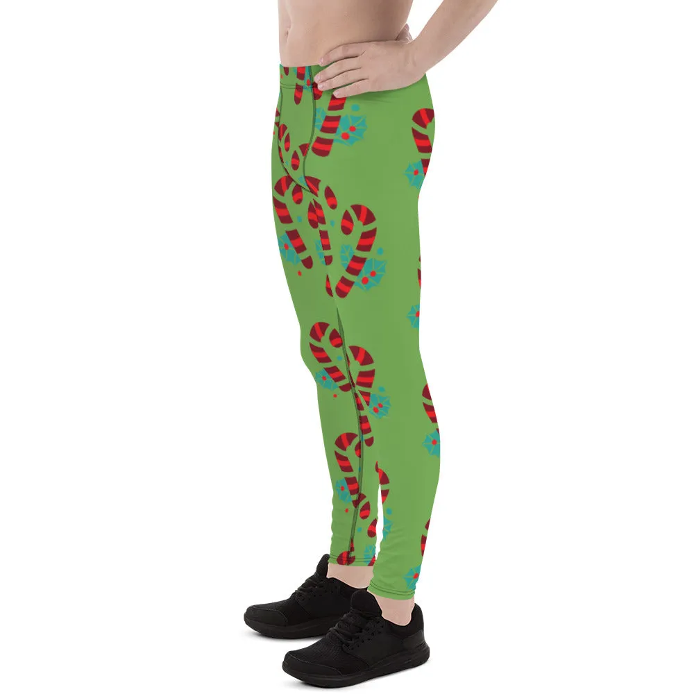 Green Candy Cane Men's Leggings, Black and Red Colorful Christmas Candy Cane Style Gym Tights For Men - Made in USA/EU/MX