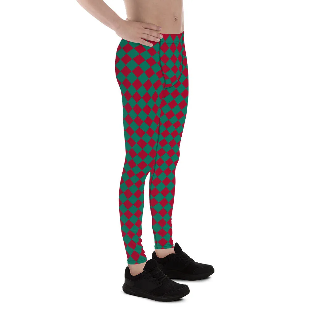 Green Red Checkered Men's Leggings, Check Pants Men, Men's Plaid Pants, Checkered Pants - Made in USA/EU/MX