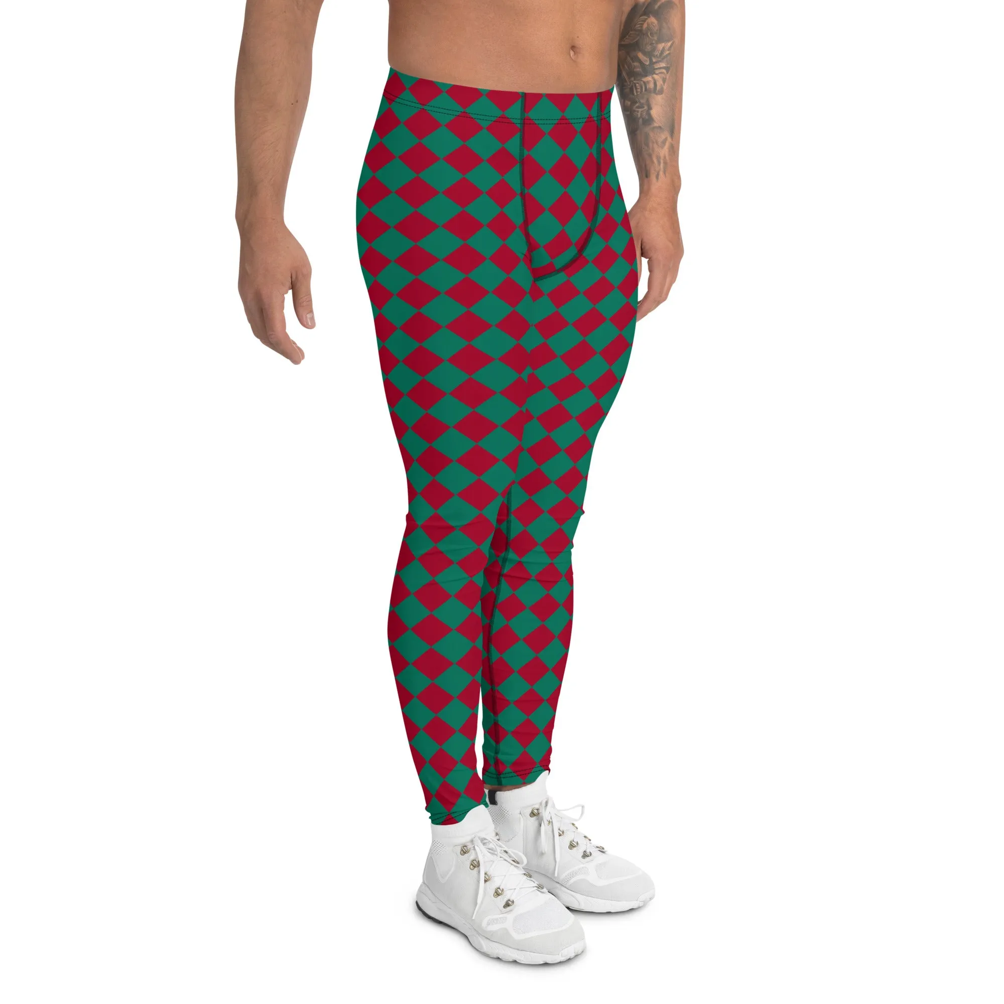 Green Red Checkered Men's Leggings, Check Pants Men, Men's Plaid Pants, Checkered Pants - Made in USA/EU/MX