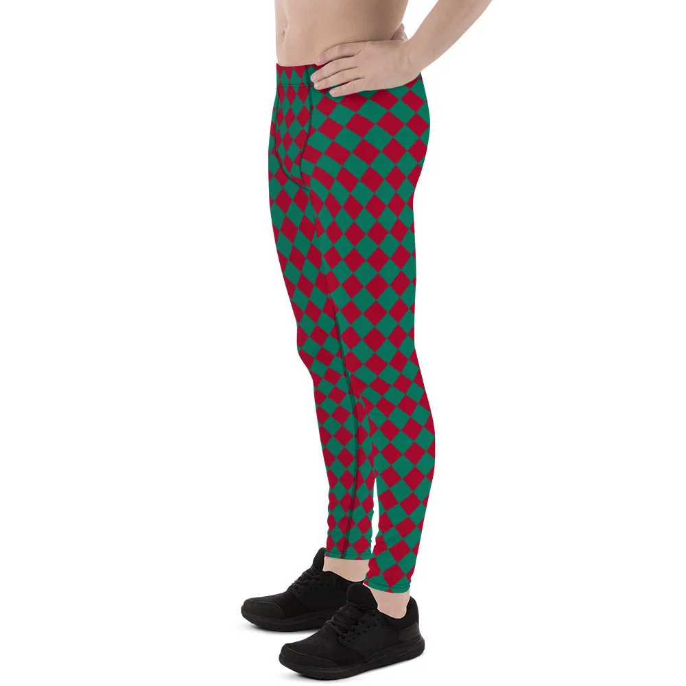 Green Red Checkered Men's Leggings, Check Pants Men, Men's Plaid Pants, Checkered Pants - Made in USA/EU/MX