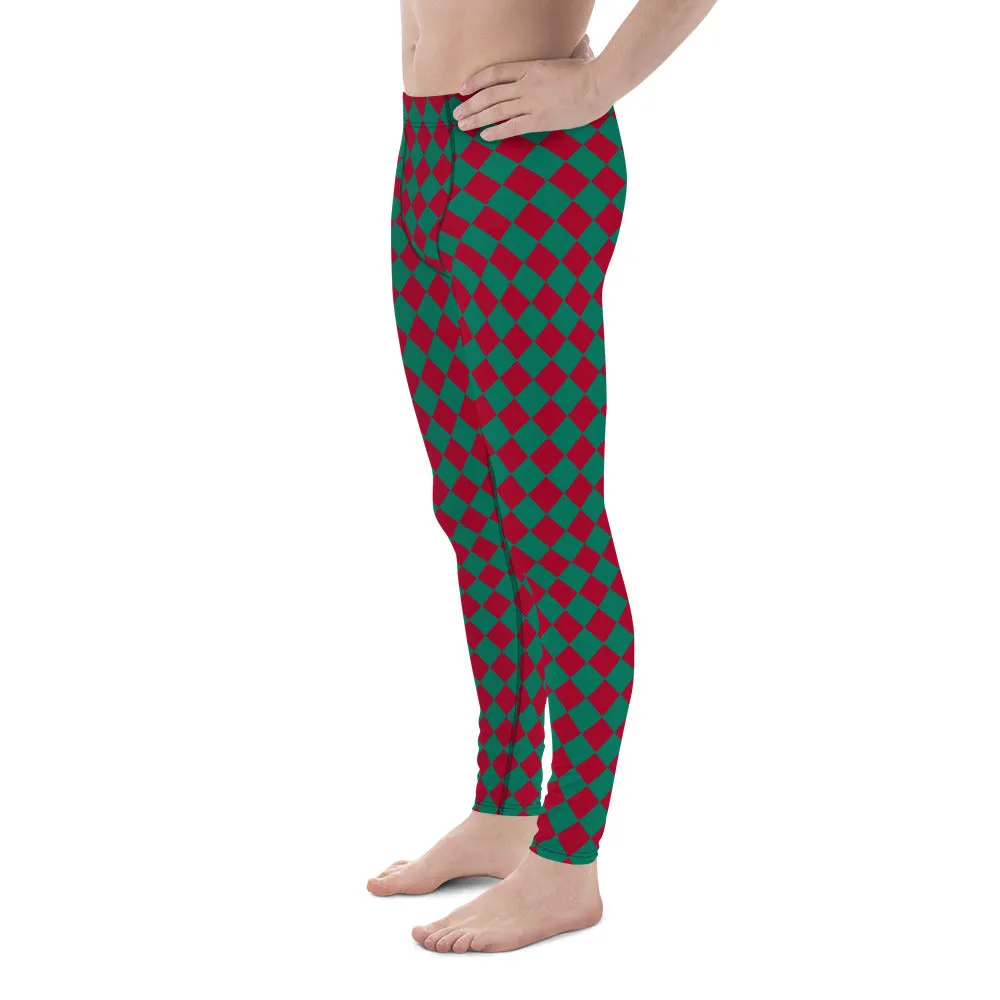 Green Red Checkered Men's Leggings, Check Pants Men, Men's Plaid Pants, Checkered Pants - Made in USA/EU/MX