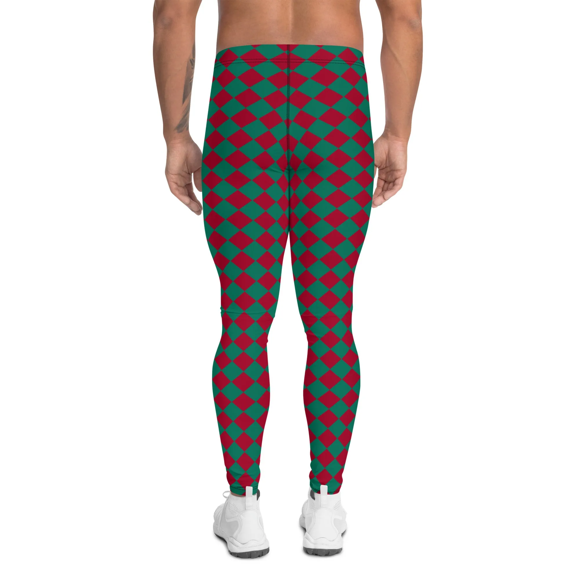 Green Red Checkered Men's Leggings, Check Pants Men, Men's Plaid Pants, Checkered Pants - Made in USA/EU/MX