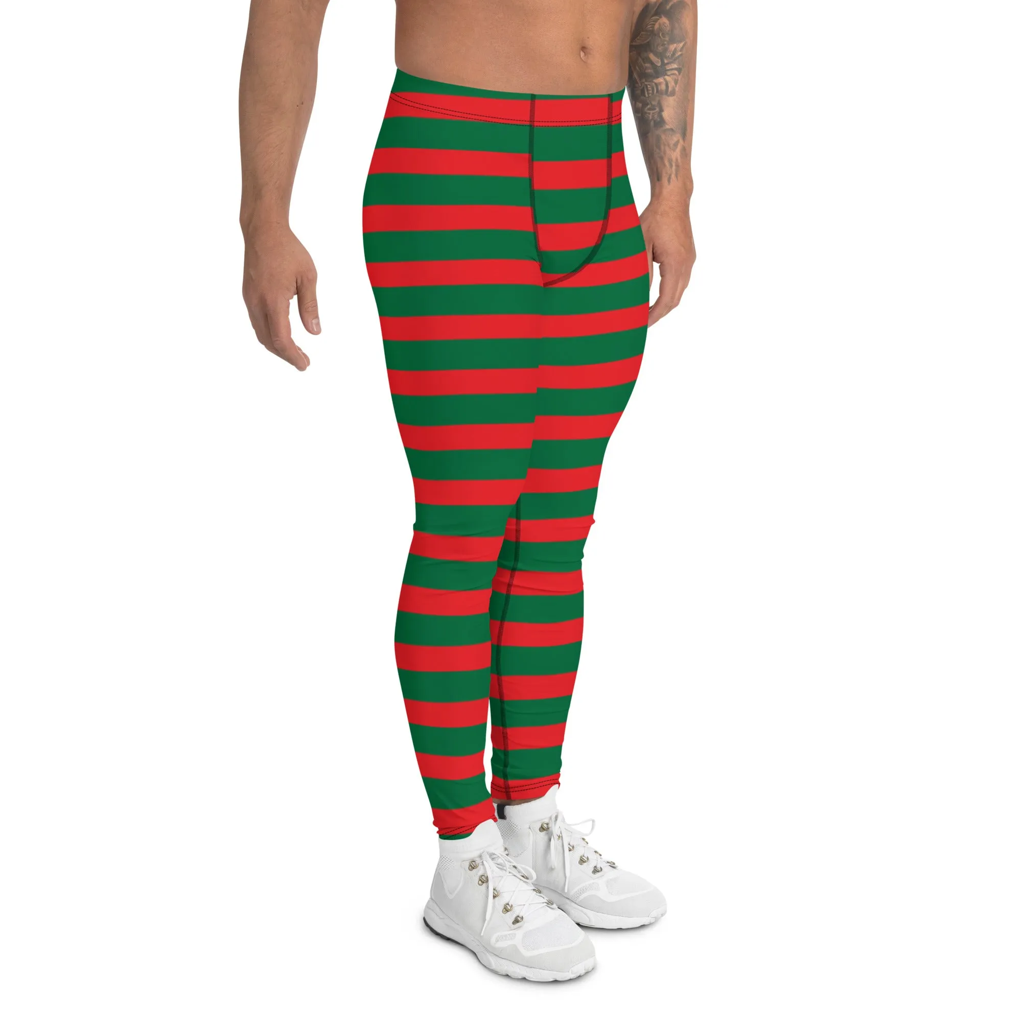 Green Red Stripes Men's Leggings, Striped Colors Men's Leggings, Colorful Christmas Candy Cane Style Gym Tights For Men - Made in USA/EU/MX