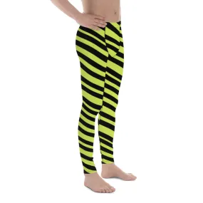 Greenish Yellow Striped Men's Leggings, Diagonally Stripes Modern Premium Running Tights For Men