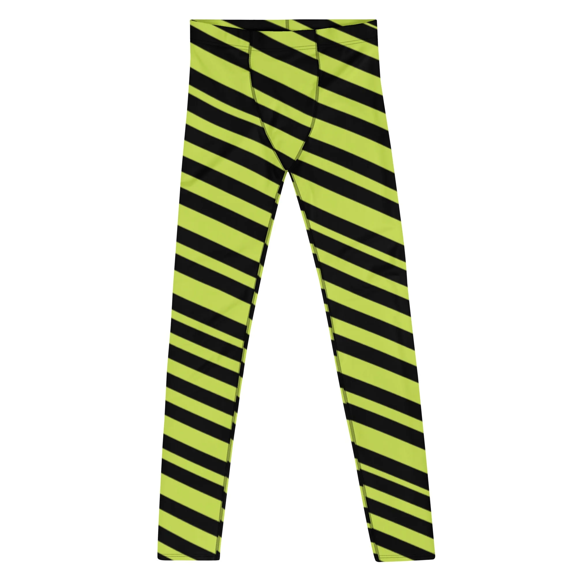 Greenish Yellow Striped Men's Leggings, Diagonally Stripes Modern Premium Running Tights For Men