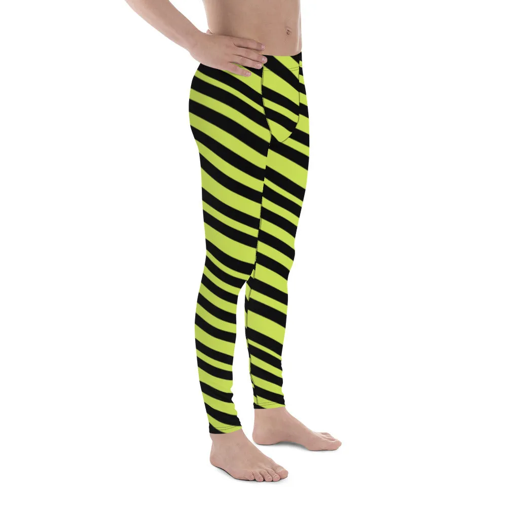 Greenish Yellow Striped Men's Leggings, Diagonally Stripes Modern Premium Running Tights For Men