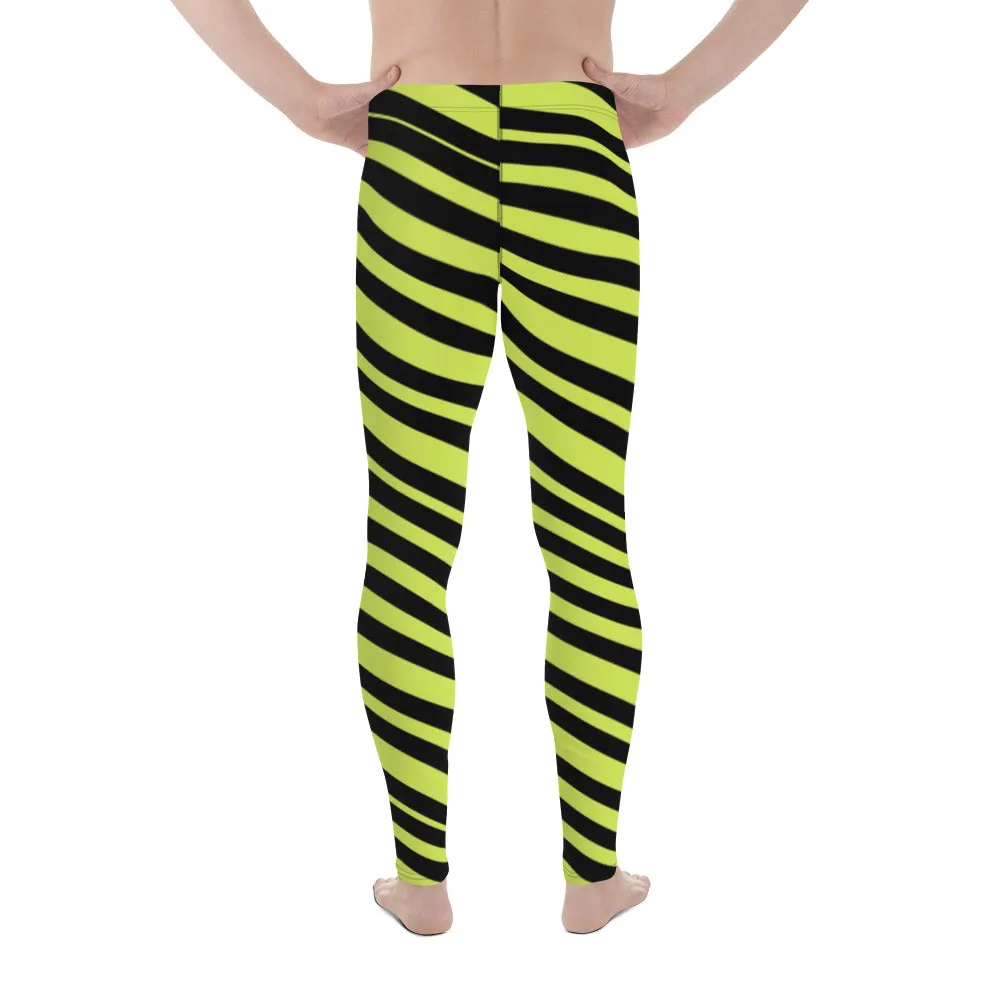 Greenish Yellow Striped Men's Leggings, Diagonally Stripes Modern Premium Running Tights For Men