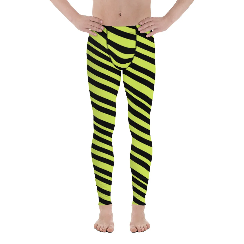 Greenish Yellow Striped Men's Leggings, Diagonally Stripes Modern Premium Running Tights For Men