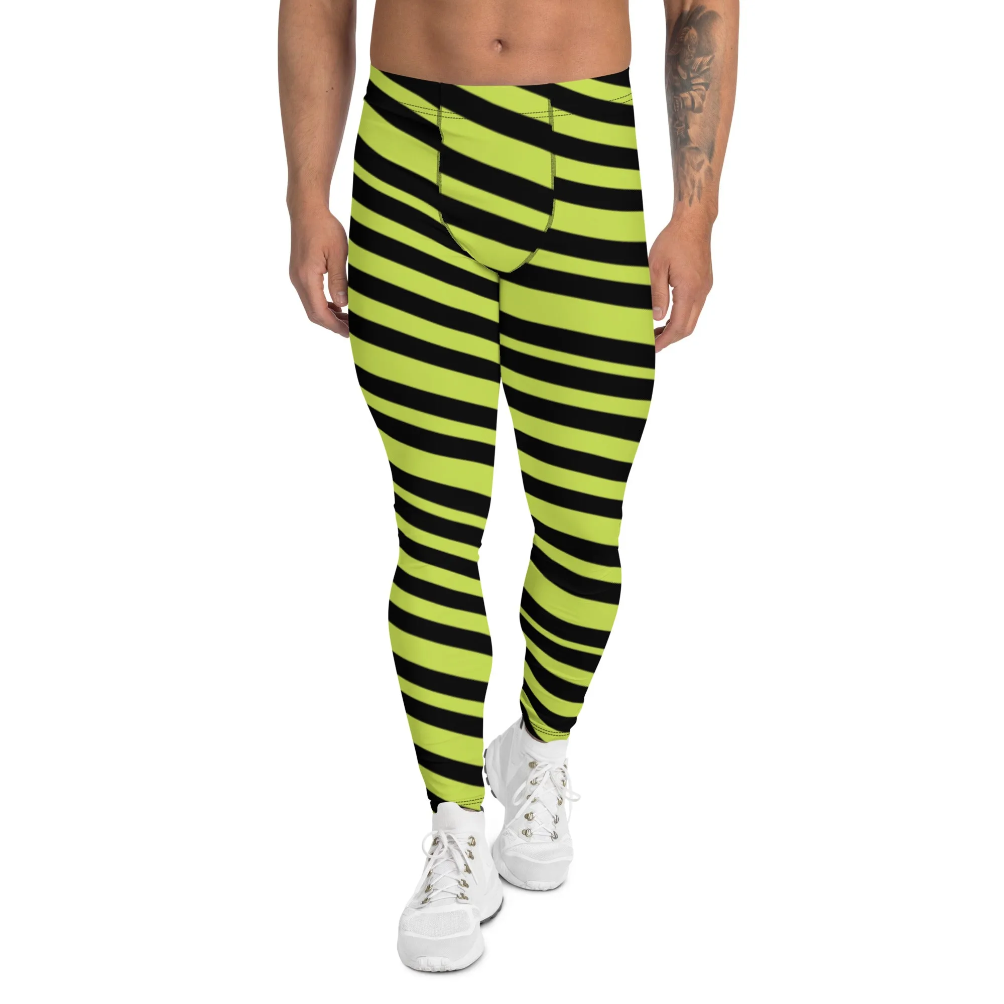 Greenish Yellow Striped Men's Leggings, Diagonally Stripes Modern Premium Running Tights For Men