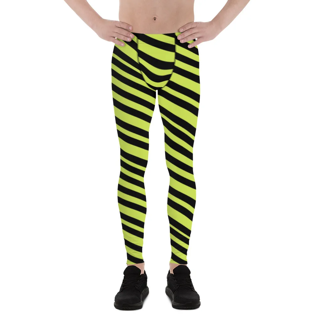 Greenish Yellow Striped Men's Leggings, Diagonally Stripes Modern Premium Running Tights For Men