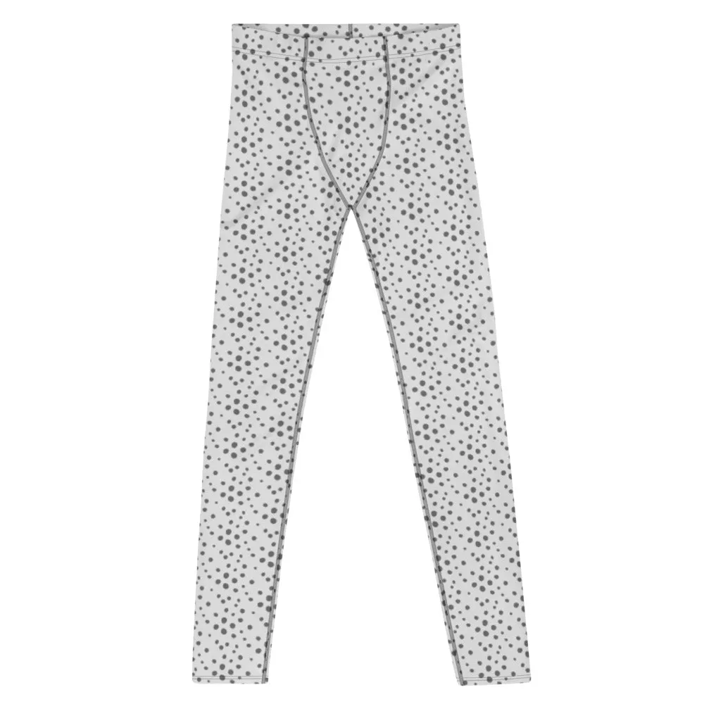 Grey Dotted Men's Leggings, Abstract White Gray Modern Meggings Running Tights - Made in USA/EU/MX