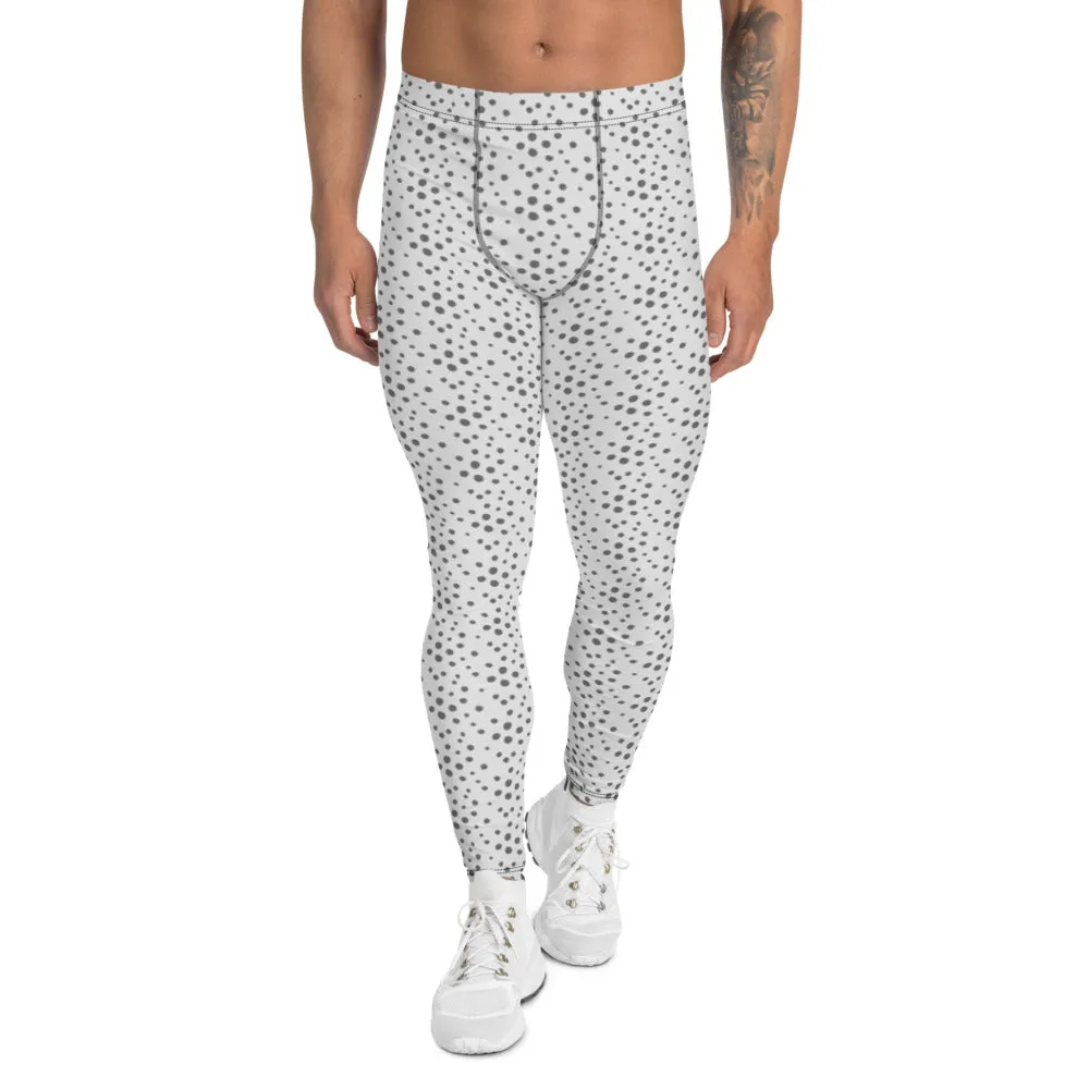 Grey Dotted Men's Leggings, Abstract White Gray Modern Meggings Running Tights - Made in USA/EU/MX