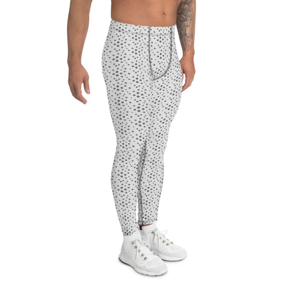 Grey Dotted Men's Leggings, Abstract White Gray Modern Meggings Running Tights - Made in USA/EU/MX