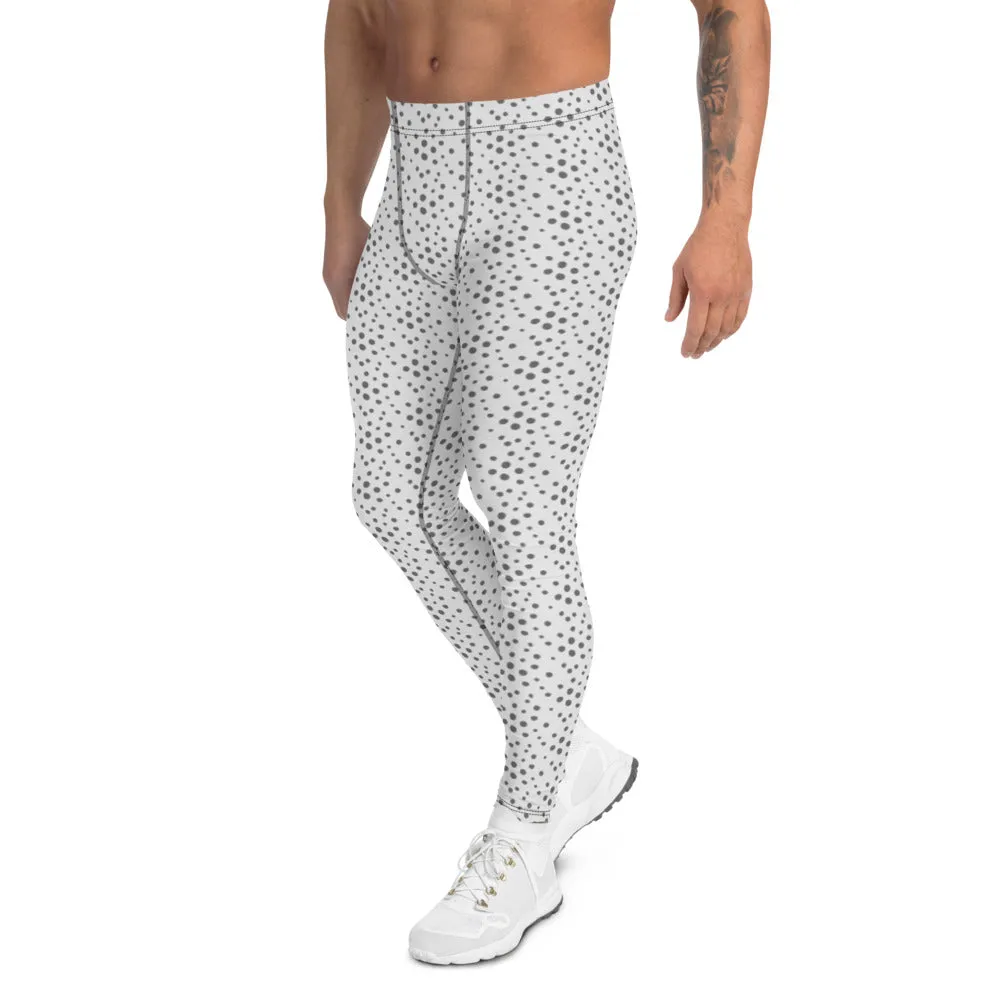 Grey Dotted Men's Leggings, Abstract White Gray Modern Meggings Running Tights - Made in USA/EU/MX